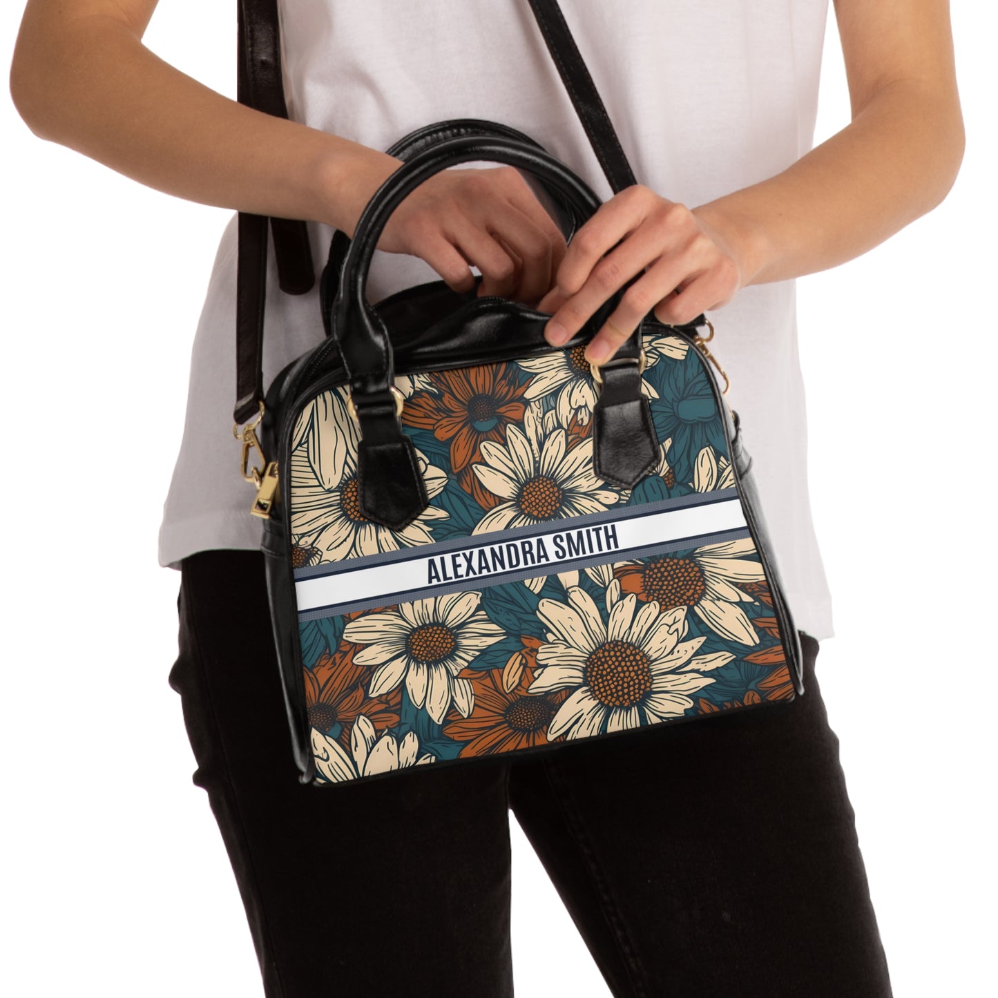 Personalized Name Text Daisy Floral Shoulder Handbag | Birthday Anniversary Christmas Travel Gift Ideas