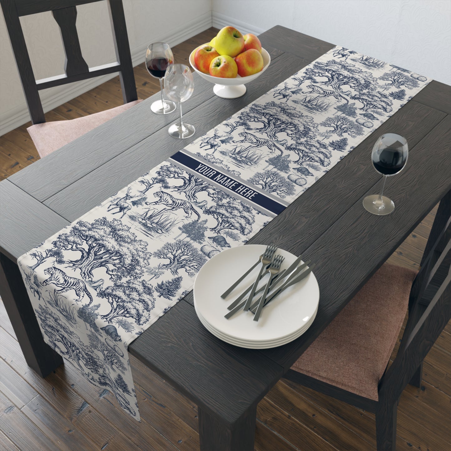 Personalized Name on Toile De Jouy Seamless Pattern Table Runner Version IA