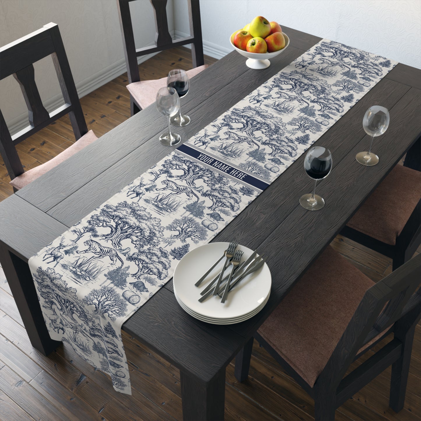 Personalized Name on Toile De Jouy Seamless Pattern Table Runner Version IA