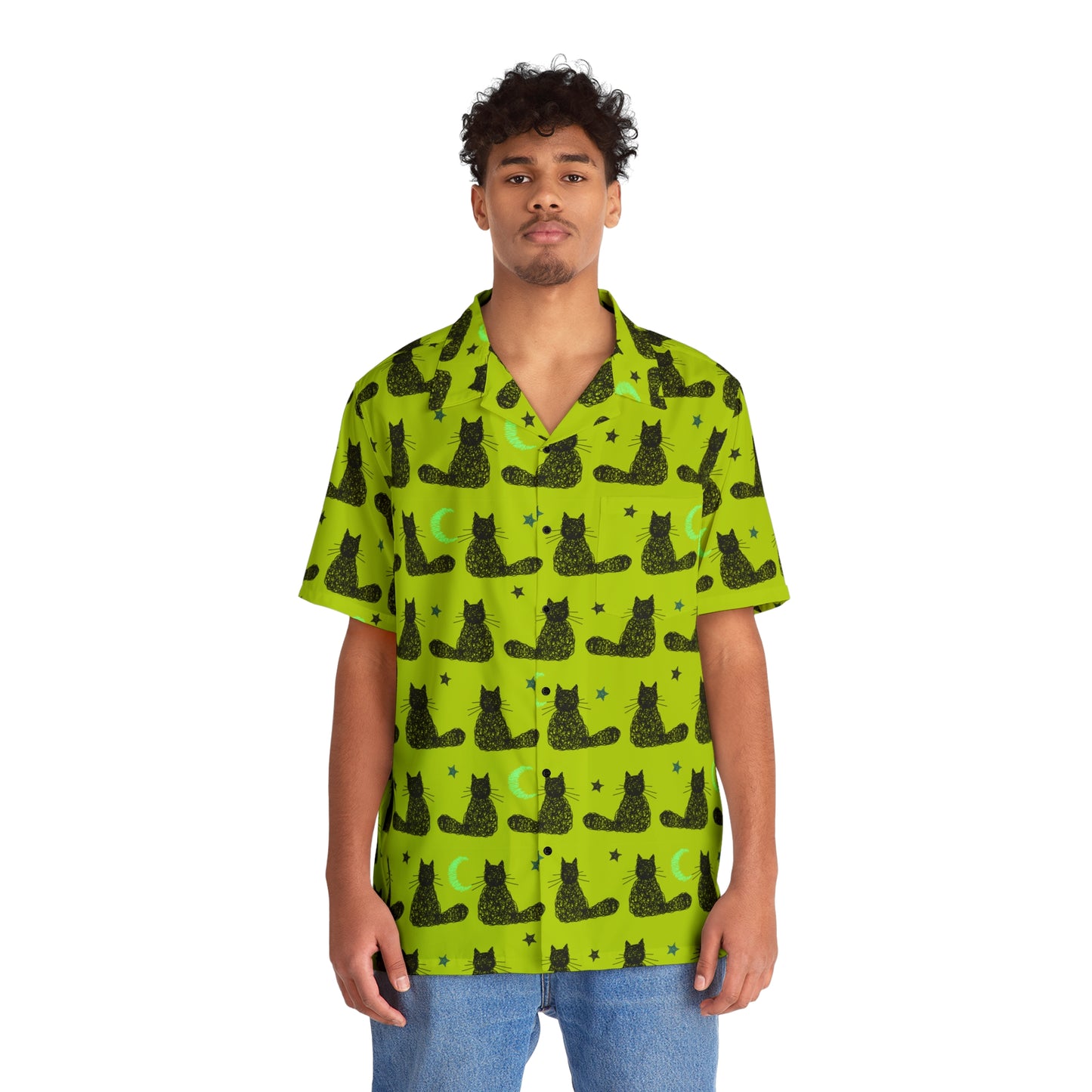 Neon Green Moon & Stars Cute Cat Pattern Hawaiian Shirt