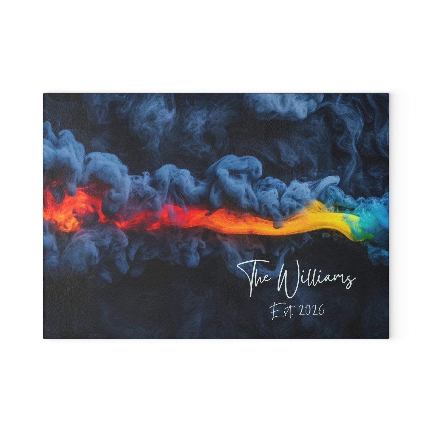 Personalized Custom Name & Established Date Rainbow Smoke Glass Cutting Board | Wedding, Anniversary, New House, Kitchen Decor Souvenir Gift