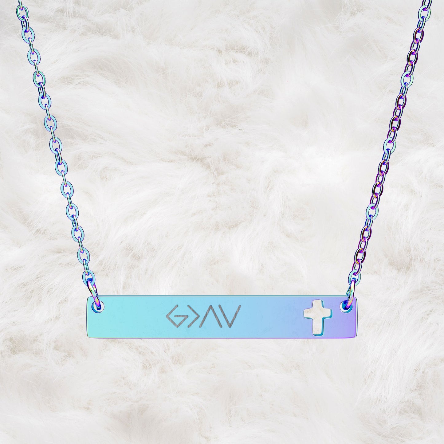 God Is Greater Than High And Low Engraved Cutout Cross Bar Necklace. Christian Faith Inspired Gift