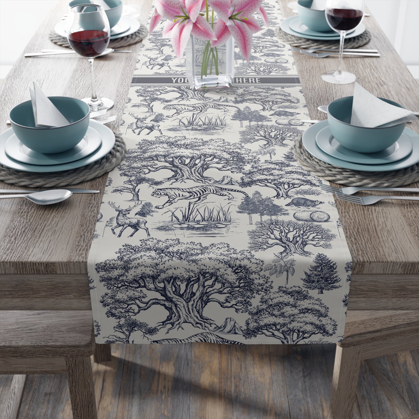 Personalized Name on Toile De Jouy Seamless Pattern Table Runner Version IA