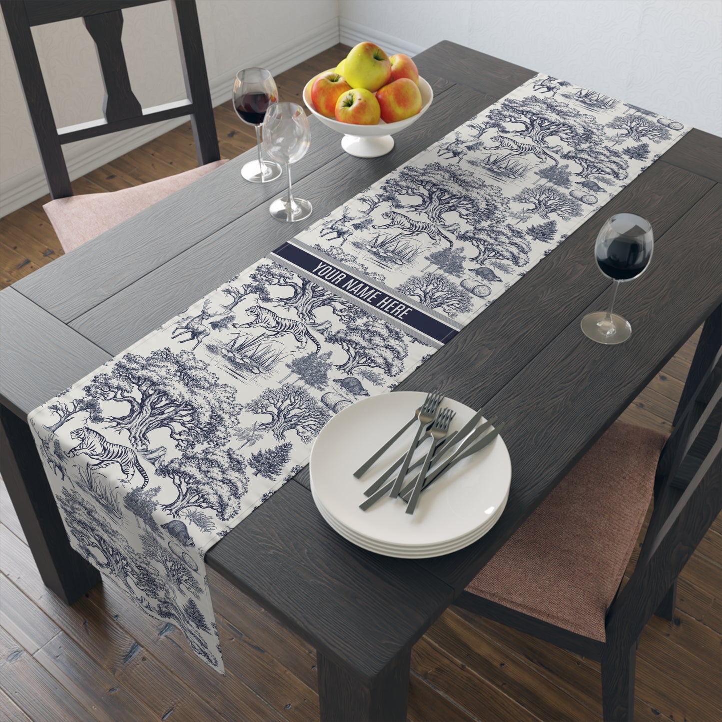 Personalized Name on Toile De Jouy Seamless Pattern Table Runner Version IA