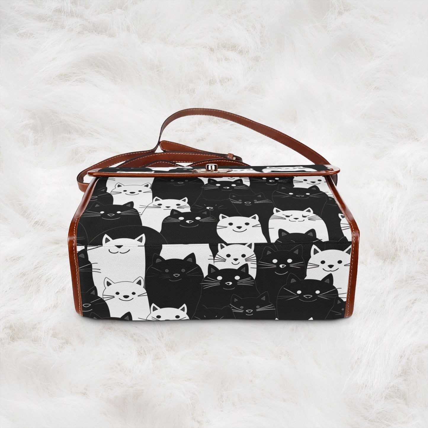 Cute Black & White Cat Pattern Waterproof Canvas Tote Crossbody Shoulder Handbag