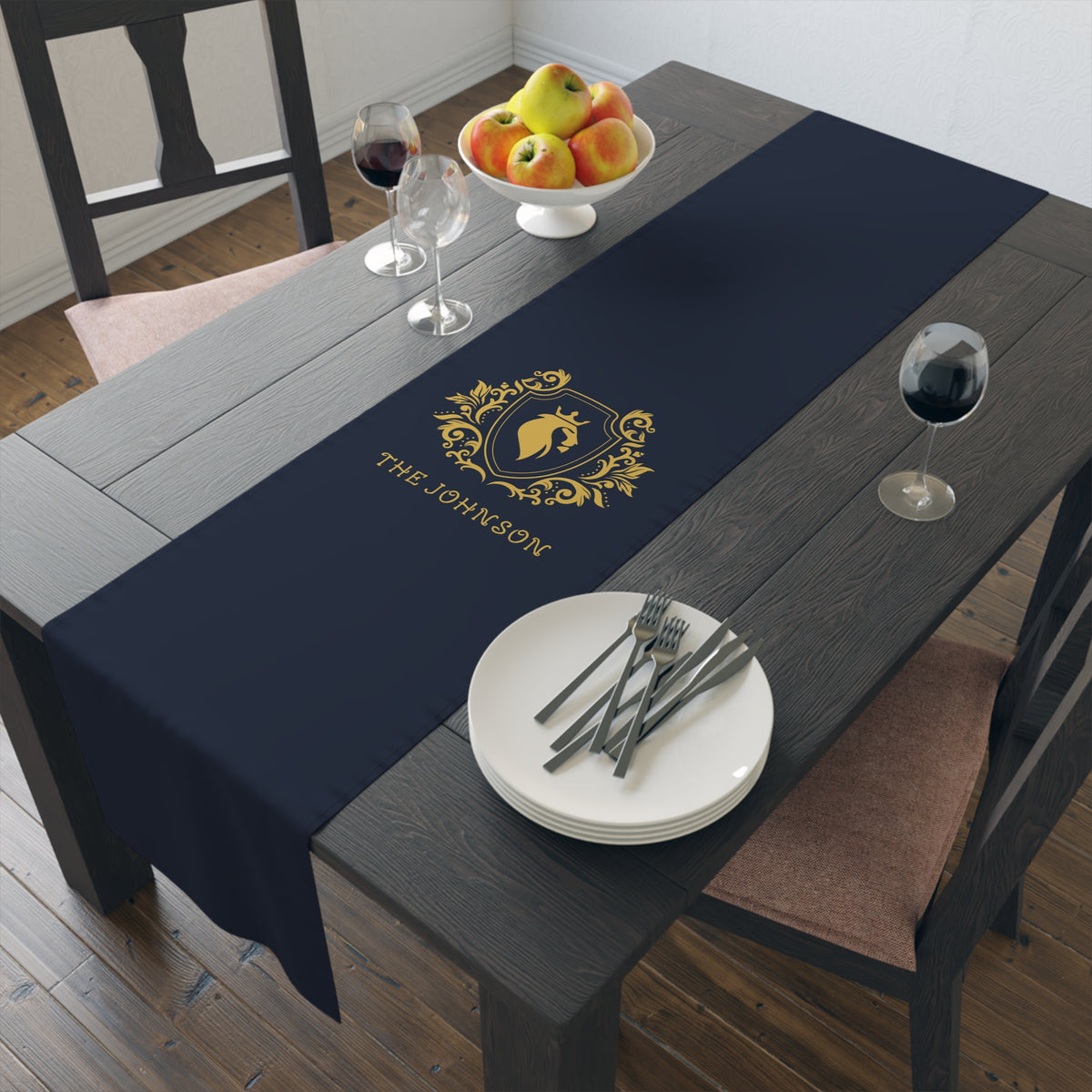Personalized Family Name Luxury Royal Navy Gold Home DecorTable Runner