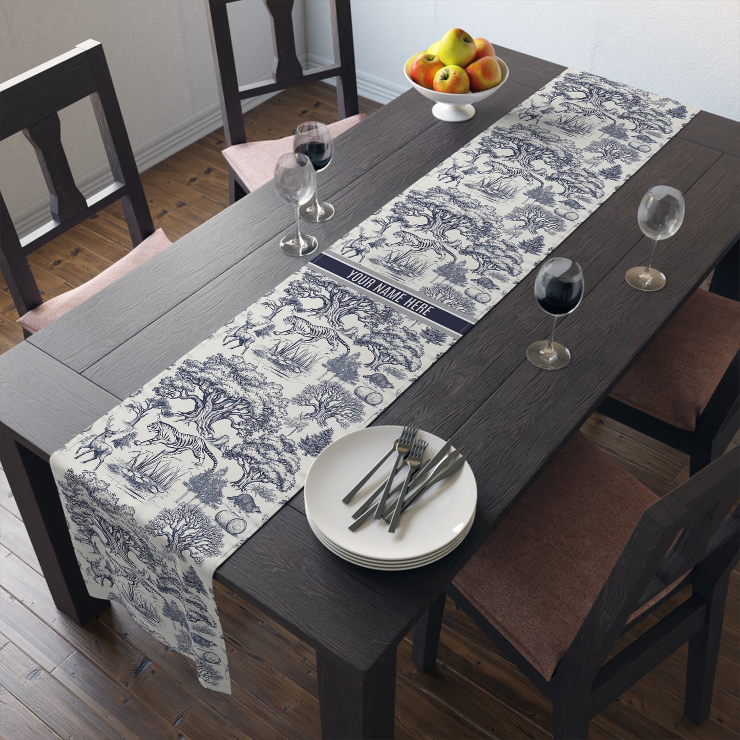 Personalized Name on Toile De Jouy Seamless Pattern Table Runner Version IA