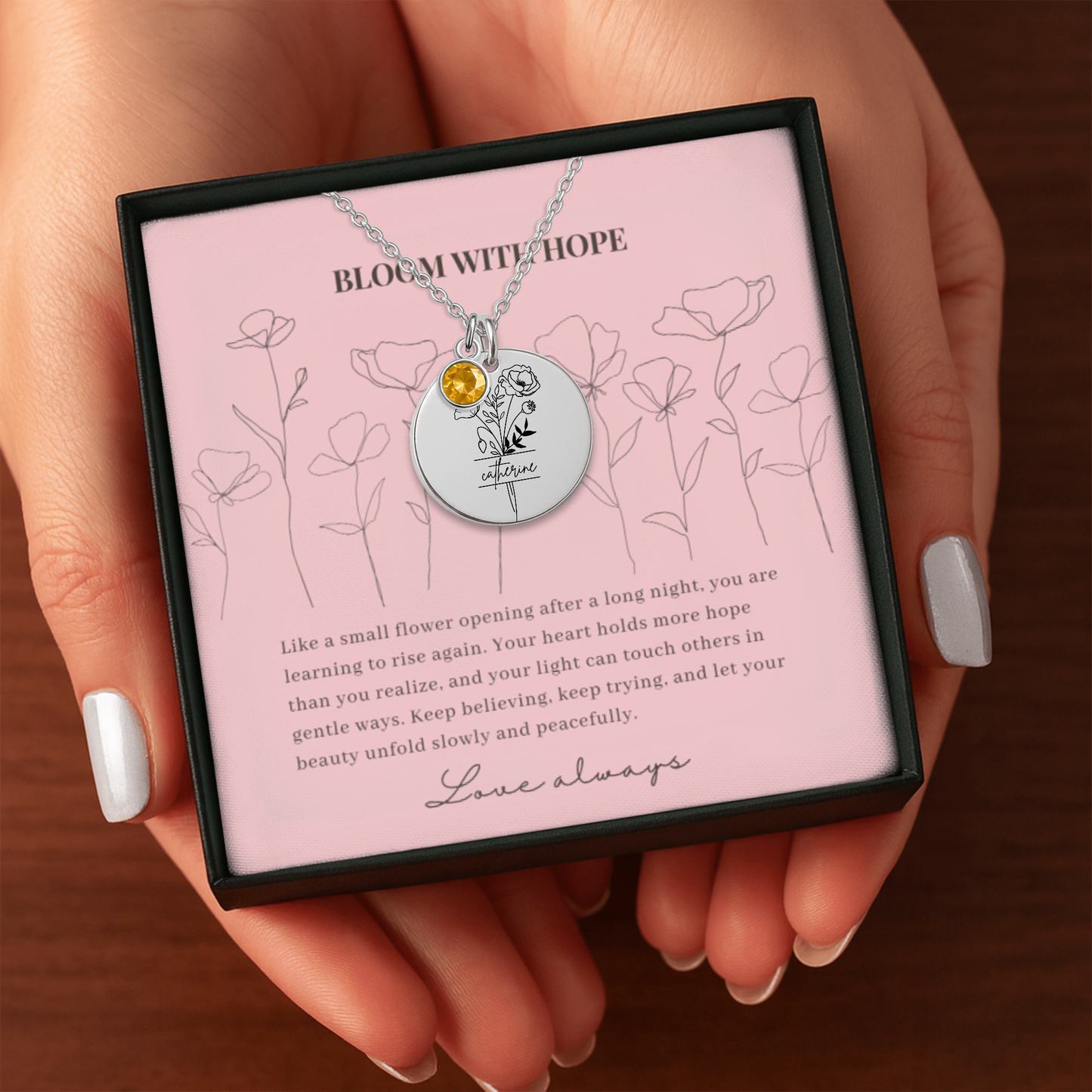 Personalized Name Engraved Floral Coin Necklace with Birthstone Poppy Flower Message Card | Hunting Birthday Christmas Gift Ideas