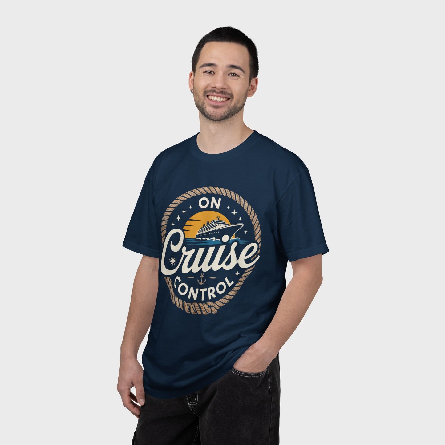 On Cruise Control T-Shirt | Nautical Rope Sunset Graphic Travel Vacation Tee