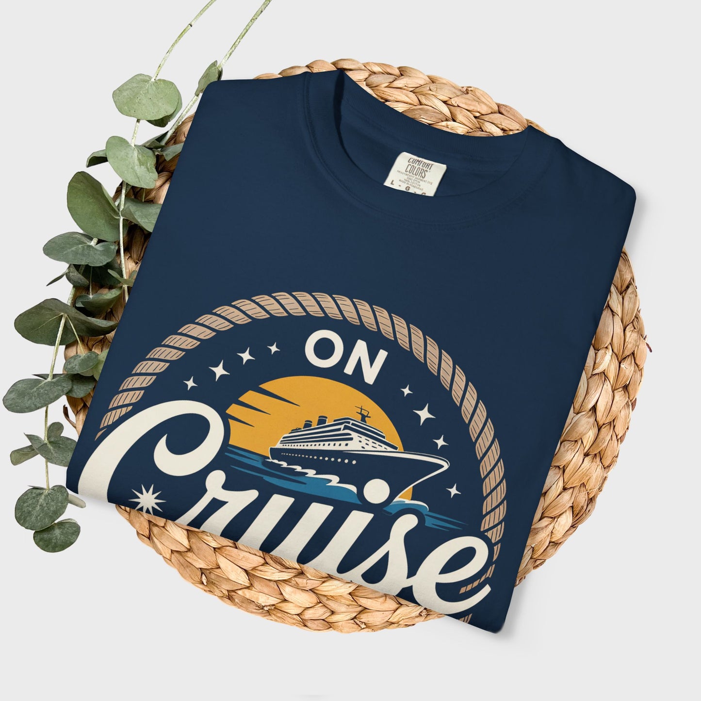 On Cruise Control T-Shirt | Nautical Rope Sunset Graphic Travel Vacation Tee