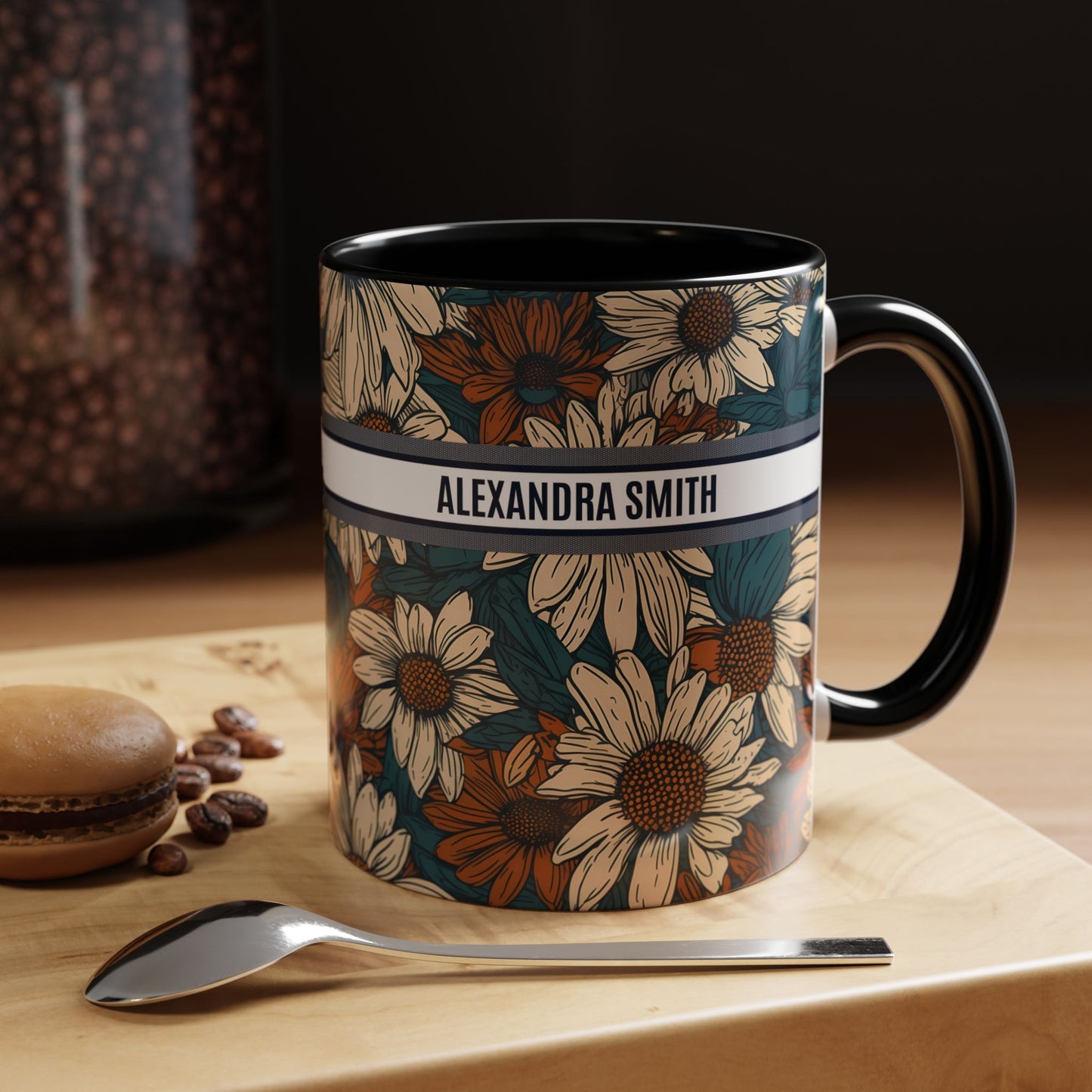 Personalized Name Text Daisy Floral Luxury Vintage Toile De Jouy French Pattern Accent Coffee Tea Mug
