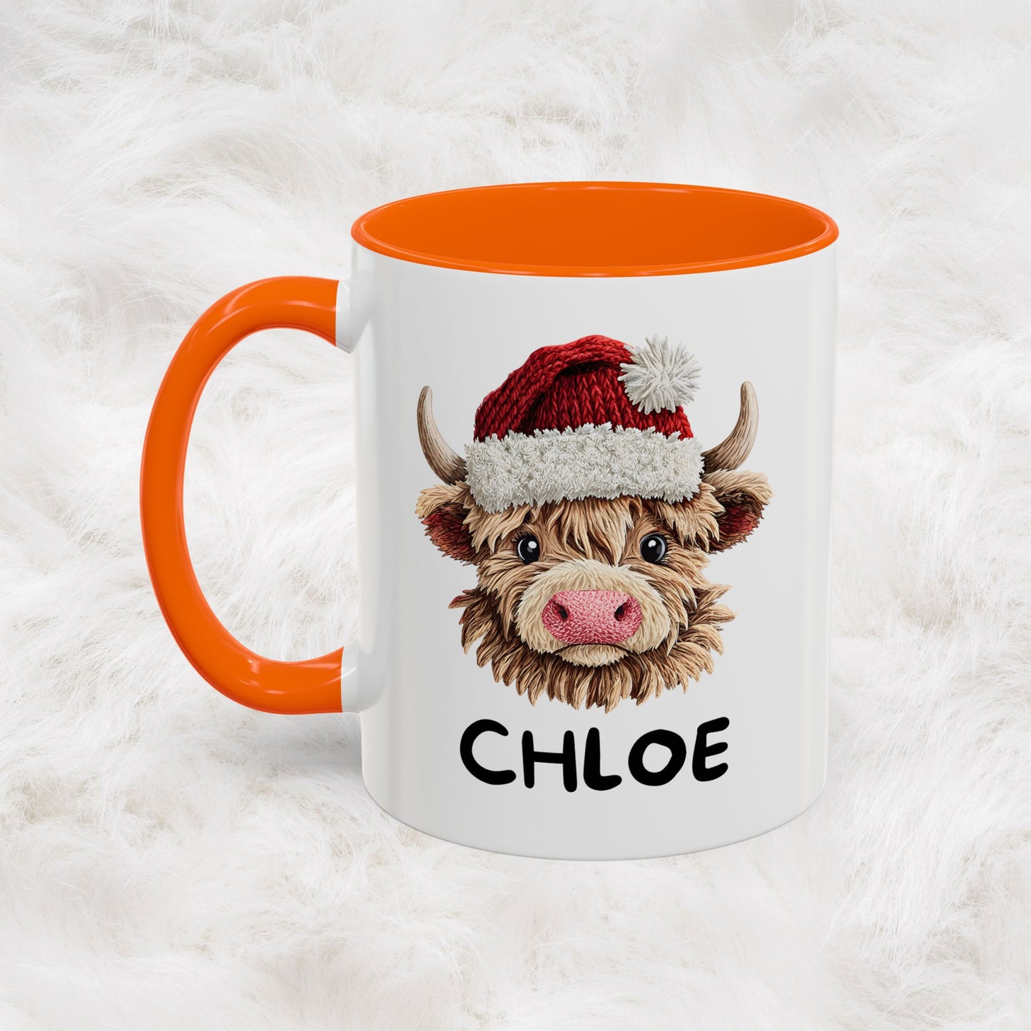 Personalized Name Cute Printed Crochet Yarn Christmas Highland Cow Mug | Hunting Holiday Gift