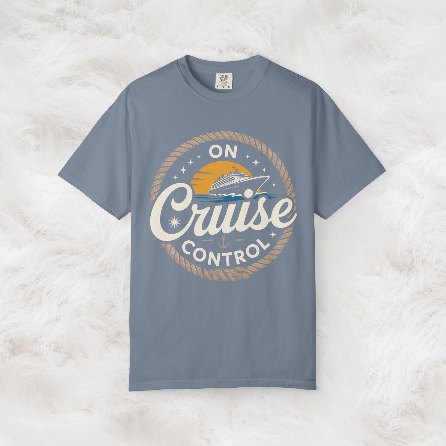 On Cruise Control T-Shirt | Nautical Rope Sunset Graphic Travel Vacation Tee