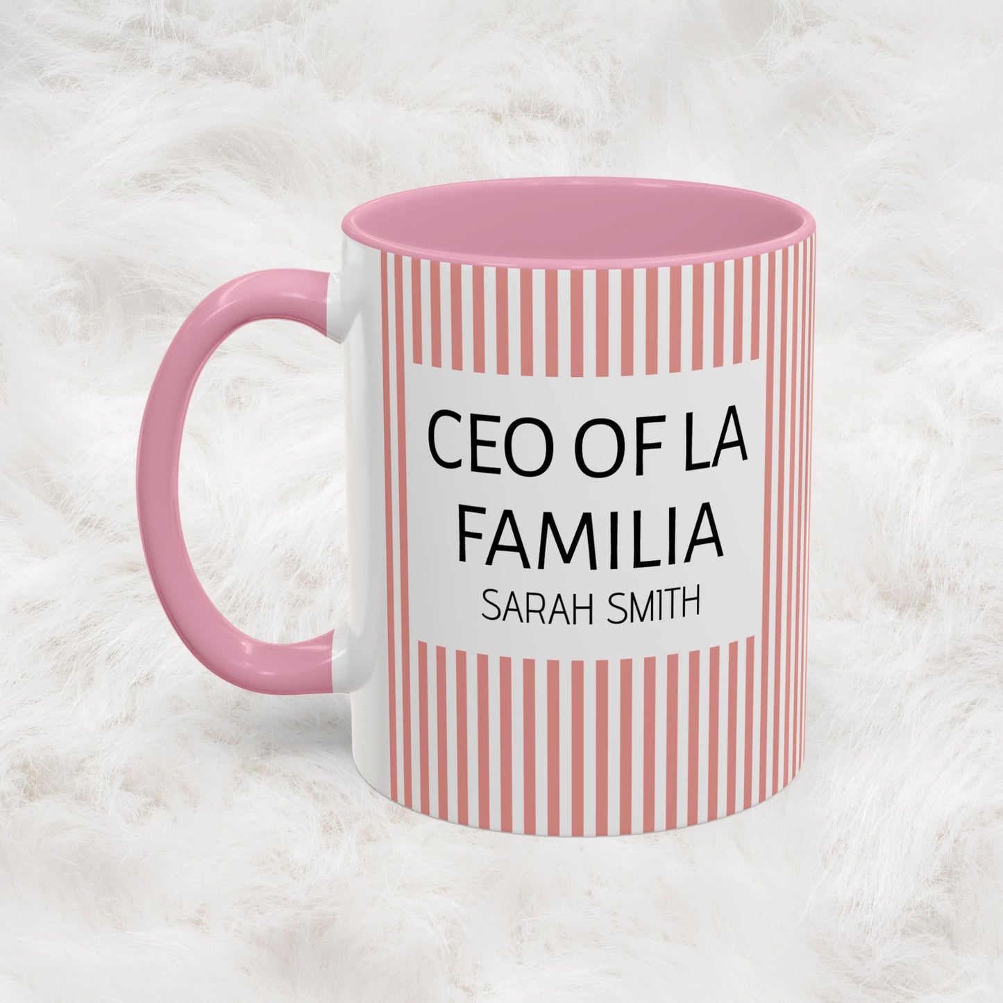 Personalized Name Pink Striped Coffee Tea Mug | Meaningful CEO of La Familia Gift for Mom, Wife, Women