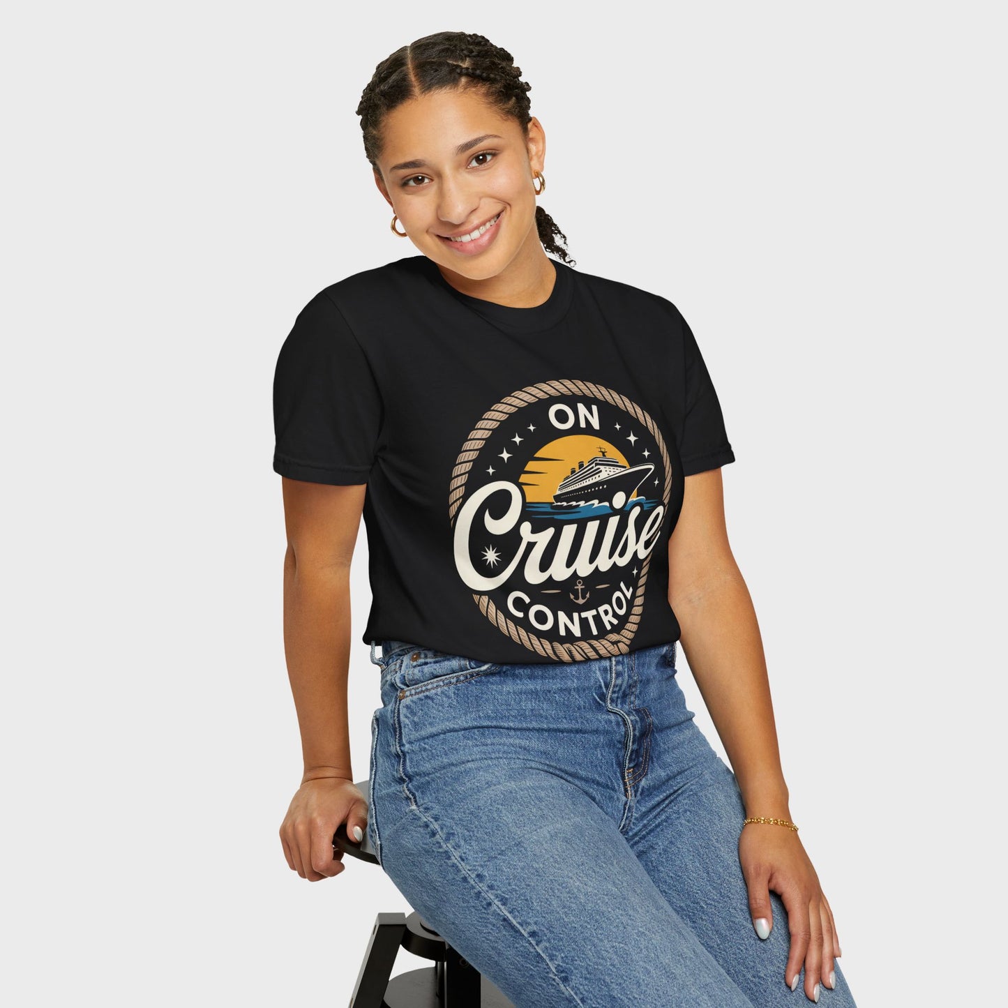 On Cruise Control T-Shirt | Nautical Rope Sunset Graphic Travel Vacation Tee