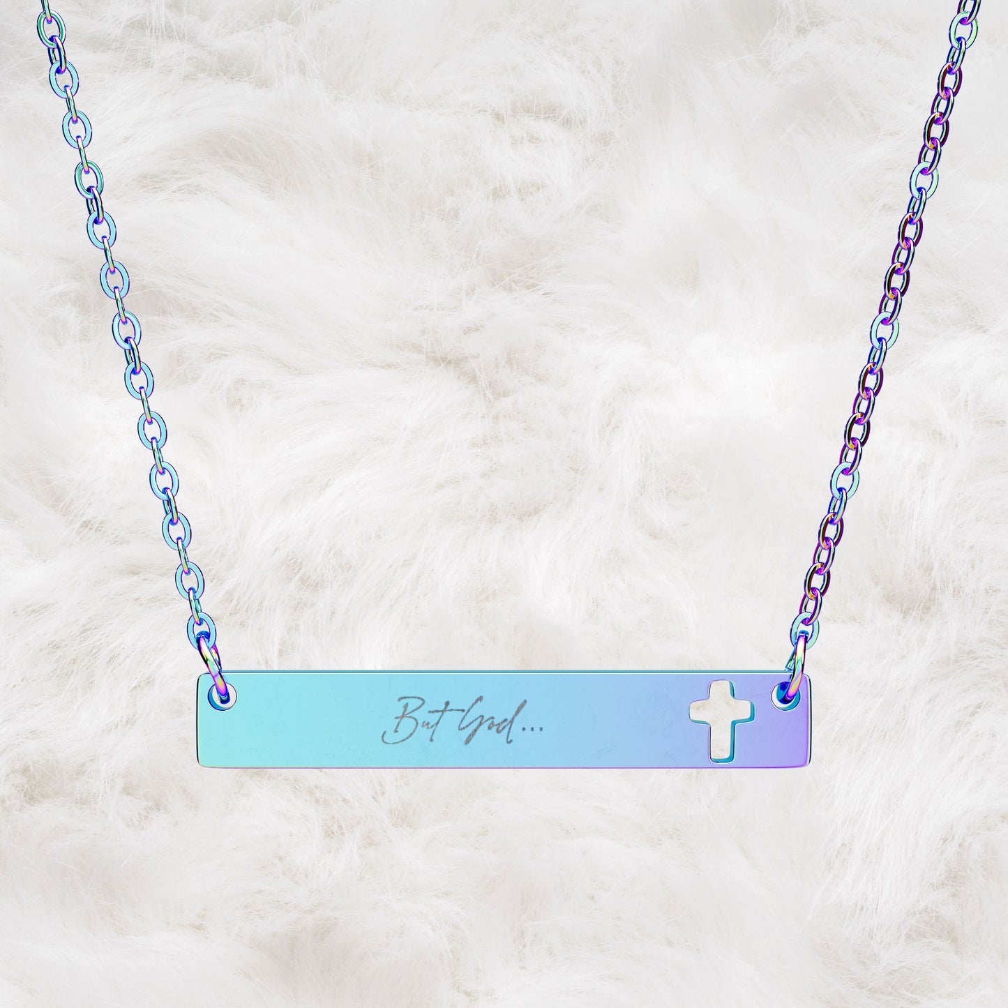 But God... Engraved Cutout Cross Bar Necklace. Christian Faith Inspired Gift