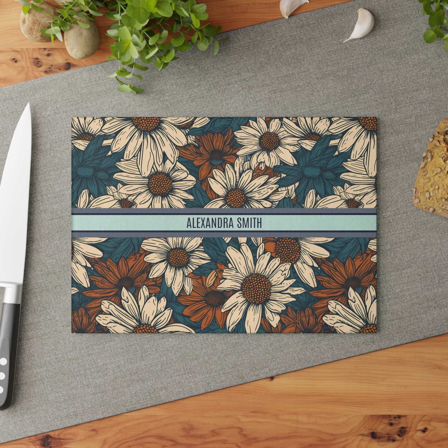 Personalized Name Text Daisy Floral Luxury Vintage Toile De Jouy French Pattern Glass Cutting Board