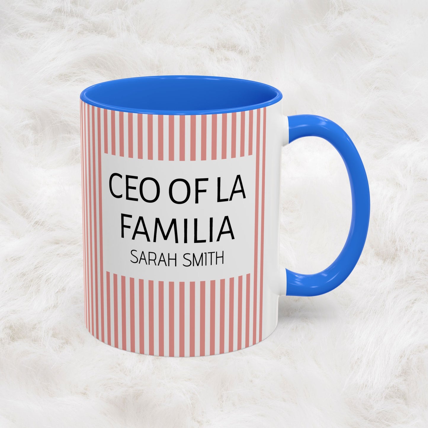 Personalized Name Pink Striped Coffee Tea Mug | Meaningful CEO of La Familia Gift for Mom, Wife, Women