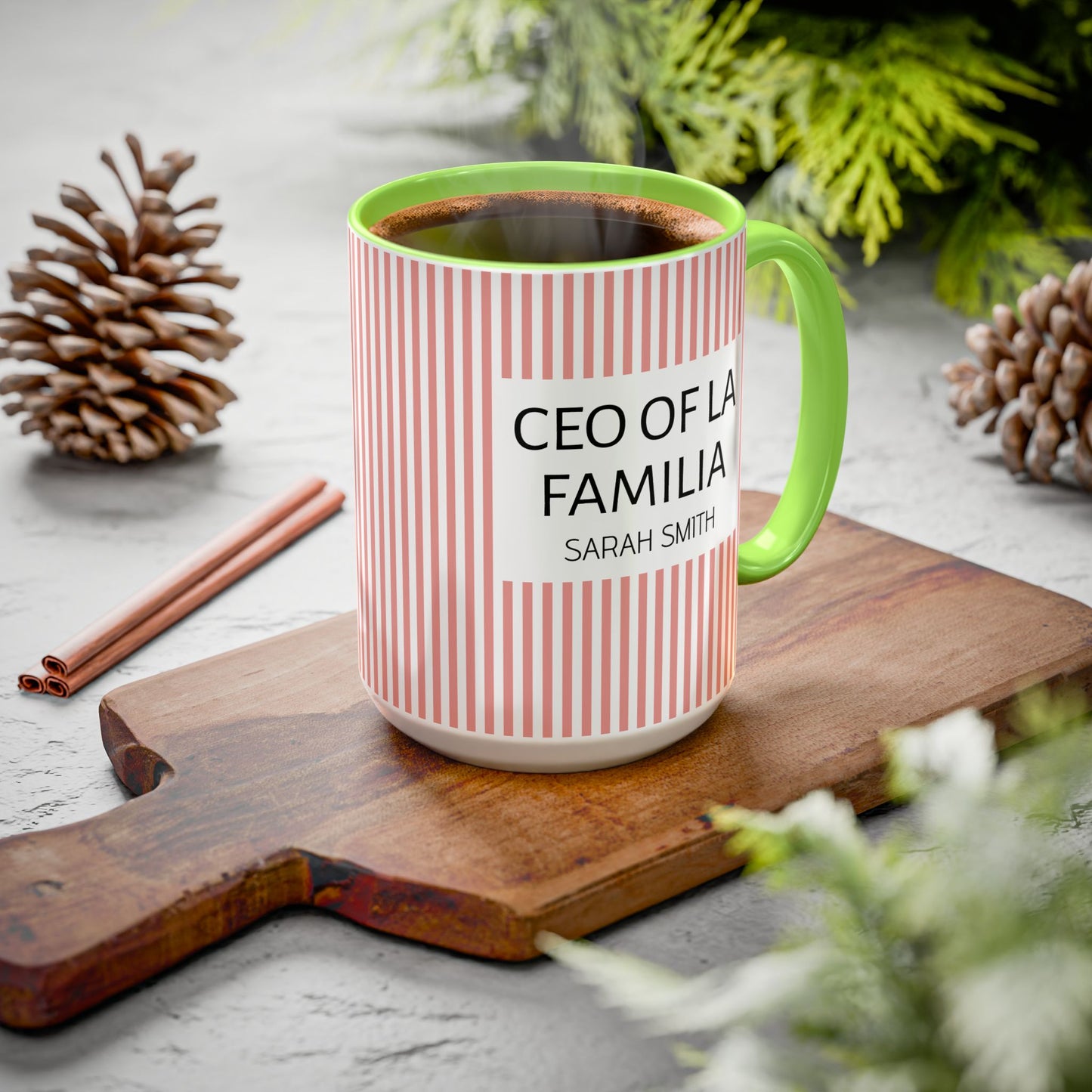 Personalized Name Pink Striped Coffee Tea Mug | Meaningful CEO of La Familia Gift for Mom, Wife, Women