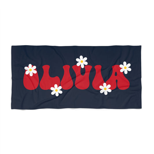 Personalized Name Floral Navy Daisy Beach Towel - Hunting Birthday Christmas Gift