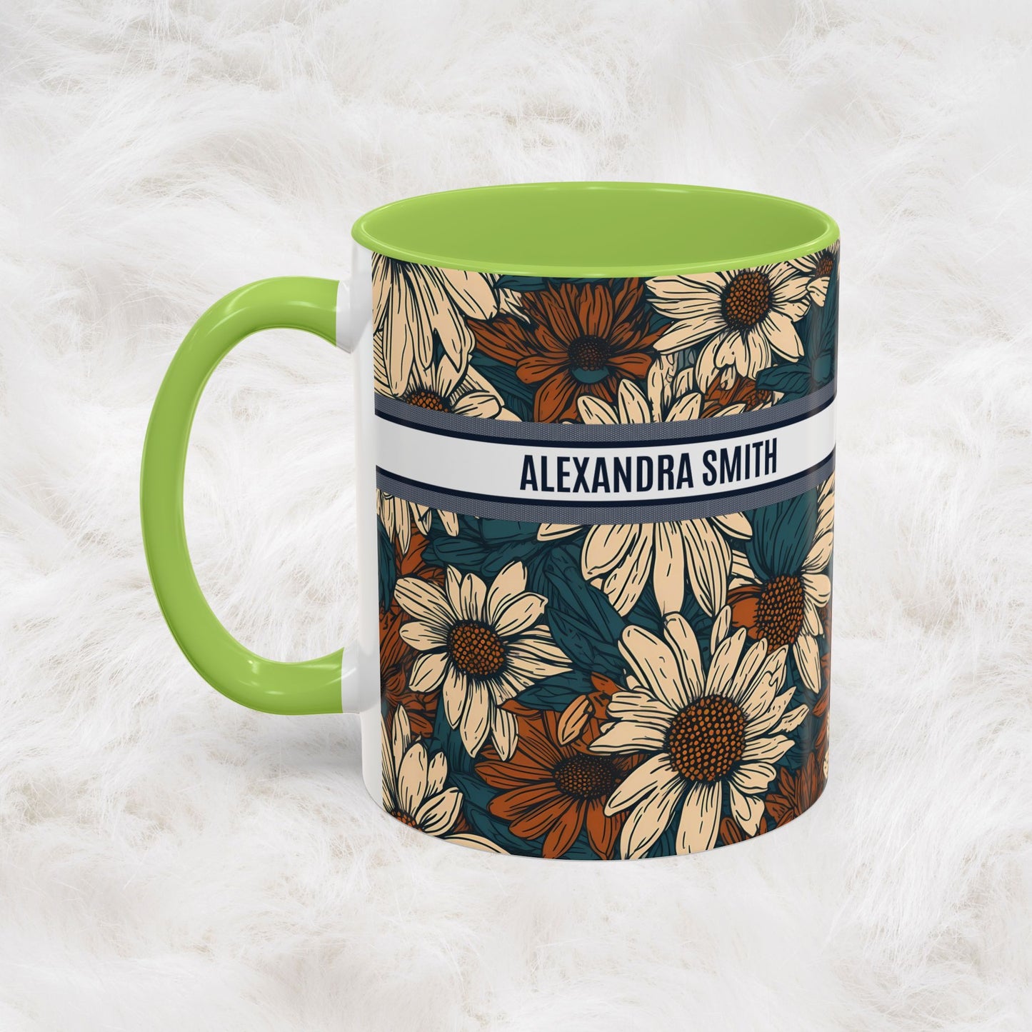 Personalized Name Text Daisy Floral Luxury Vintage Toile De Jouy French Pattern Accent Coffee Tea Mug