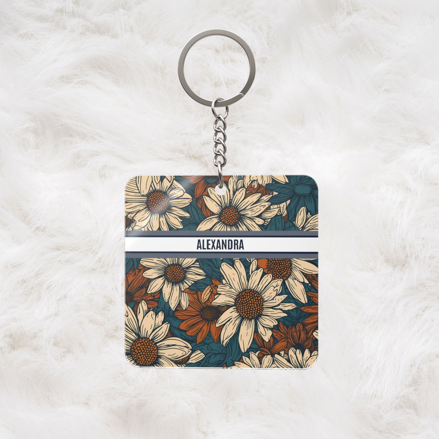 Personalized Name Text Daisy Floral Luxury Vintage Toile De Jouy French Pattern Square Keychain | Cute Handbag Charm
