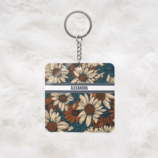 Personalized Name Text Daisy Floral Luxury Vintage Toile De Jouy French Pattern Square Keychain | Cute Handbag Charm