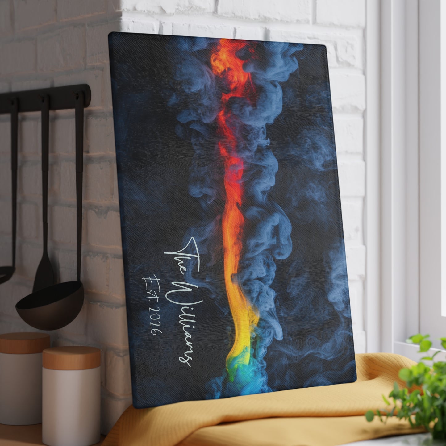 Personalized Custom Name & Established Date Rainbow Smoke Glass Cutting Board | Wedding, Anniversary, New House, Kitchen Decor Souvenir Gift