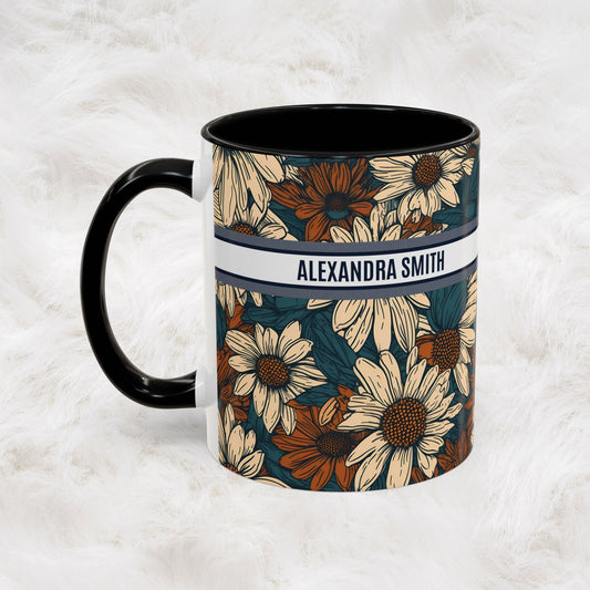 Personalized Name Text Daisy Floral Luxury Vintage Toile De Jouy French Pattern Accent Coffee Tea Mug
