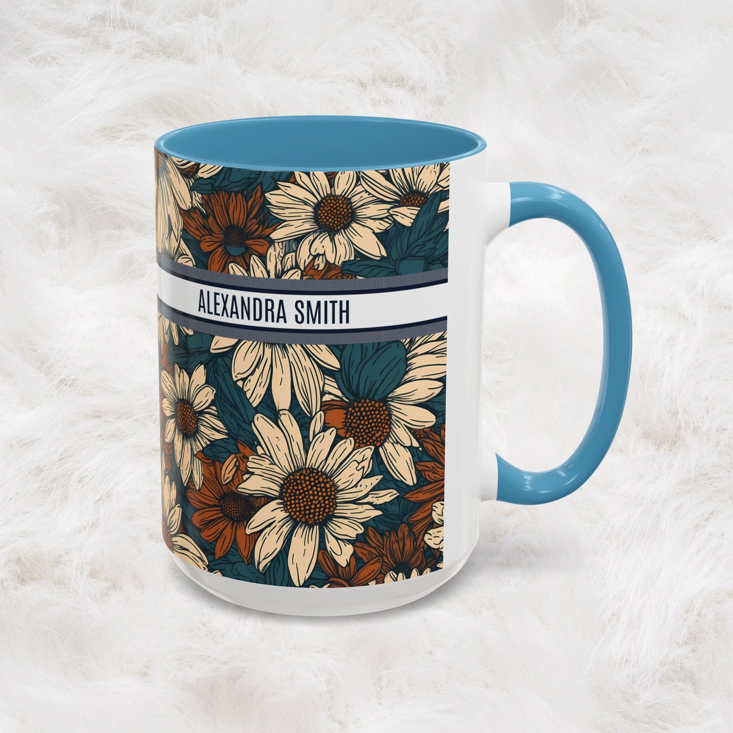 Personalized Name Text Daisy Floral Luxury Vintage Toile De Jouy French Pattern Accent Coffee Tea Mug