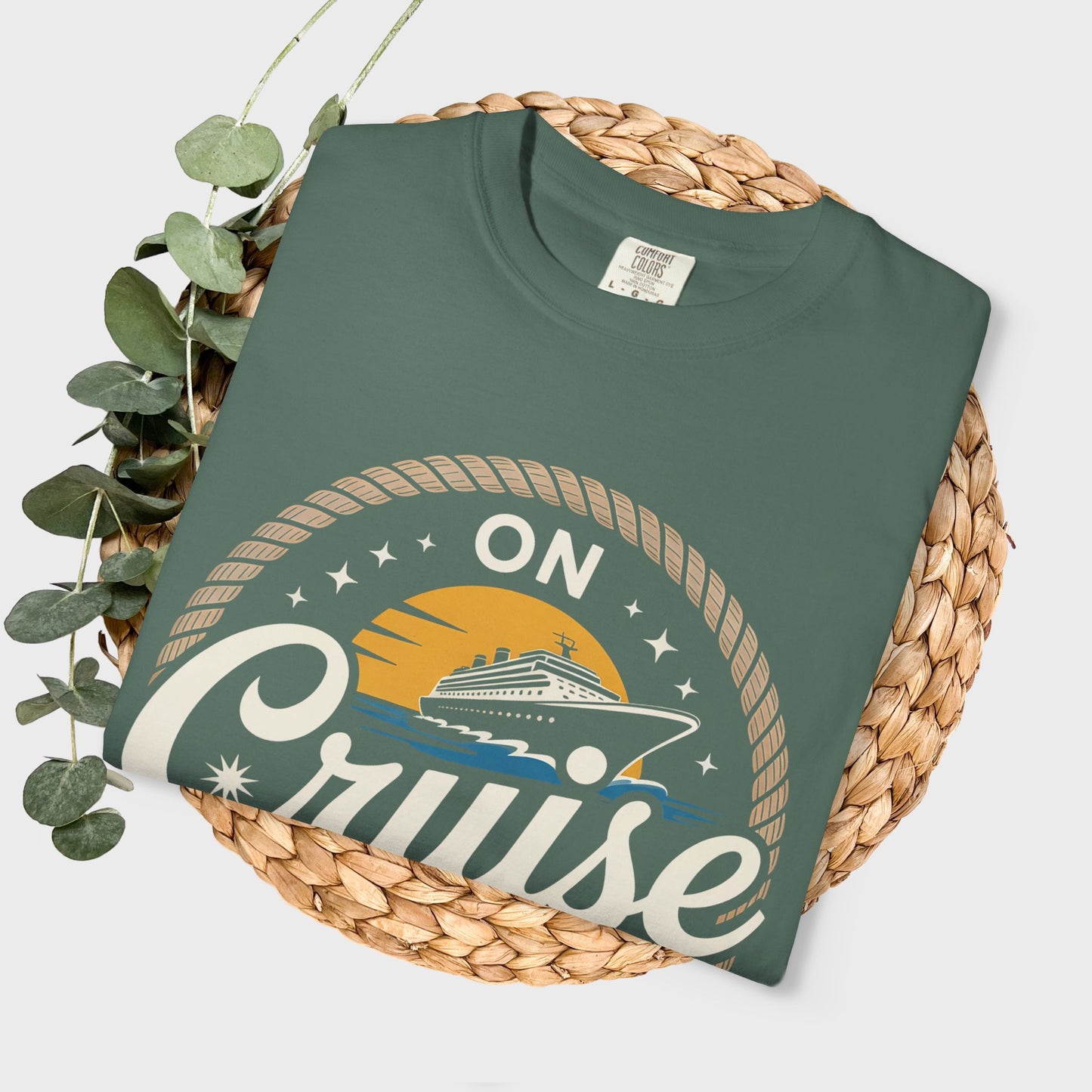 On Cruise Control T-Shirt | Nautical Rope Sunset Graphic Travel Vacation Tee