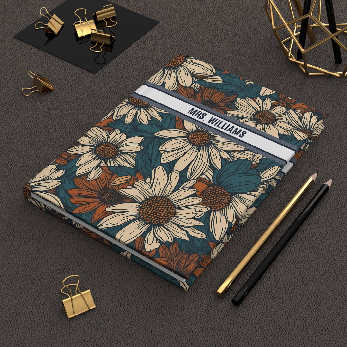 Personalized Name Text Daisy Floral Luxury Vintage Toile De Jouy French Pattern Journal Notebook