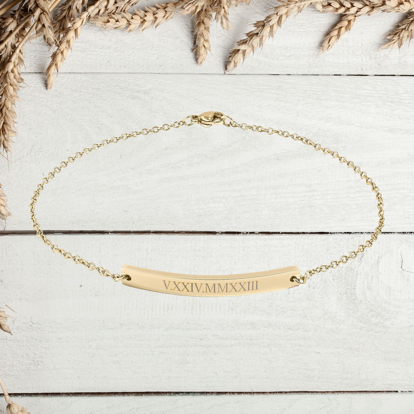 Personalized Date Text or Roman Numeral Engraving Curved Bar Anklet | Gift For Her