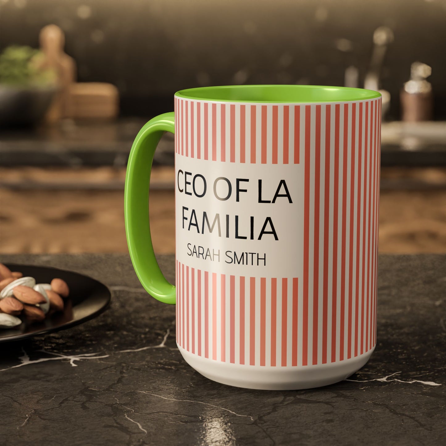 Personalized Name Pink Striped Coffee Tea Mug | Meaningful CEO of La Familia Gift for Mom, Wife, Women
