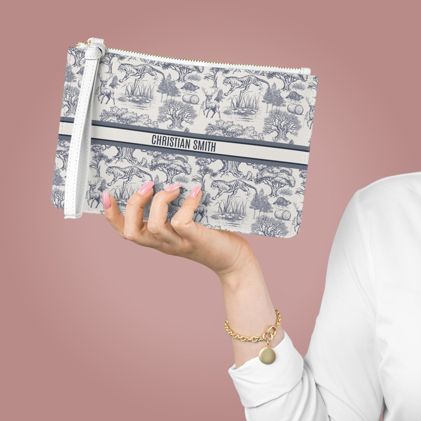 Personalized Name Luxury Vintage Toile De Jouy French Nature Landscape Seamless Pattern Art Version 2 Clutch Bag | Christmas Birthday Gift Ideas