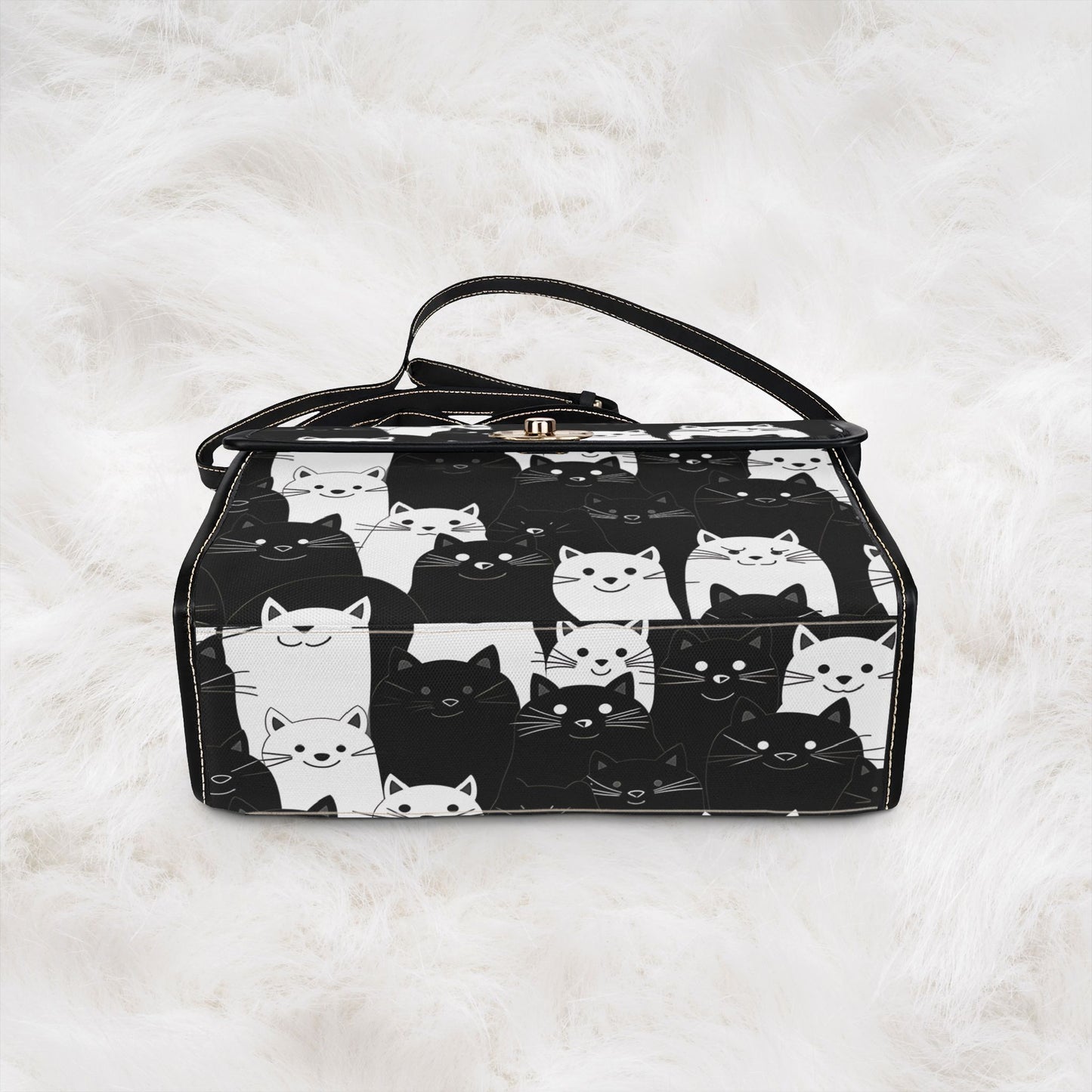 Cute Black & White Cat Pattern Waterproof Canvas Tote Crossbody Shoulder Handbag