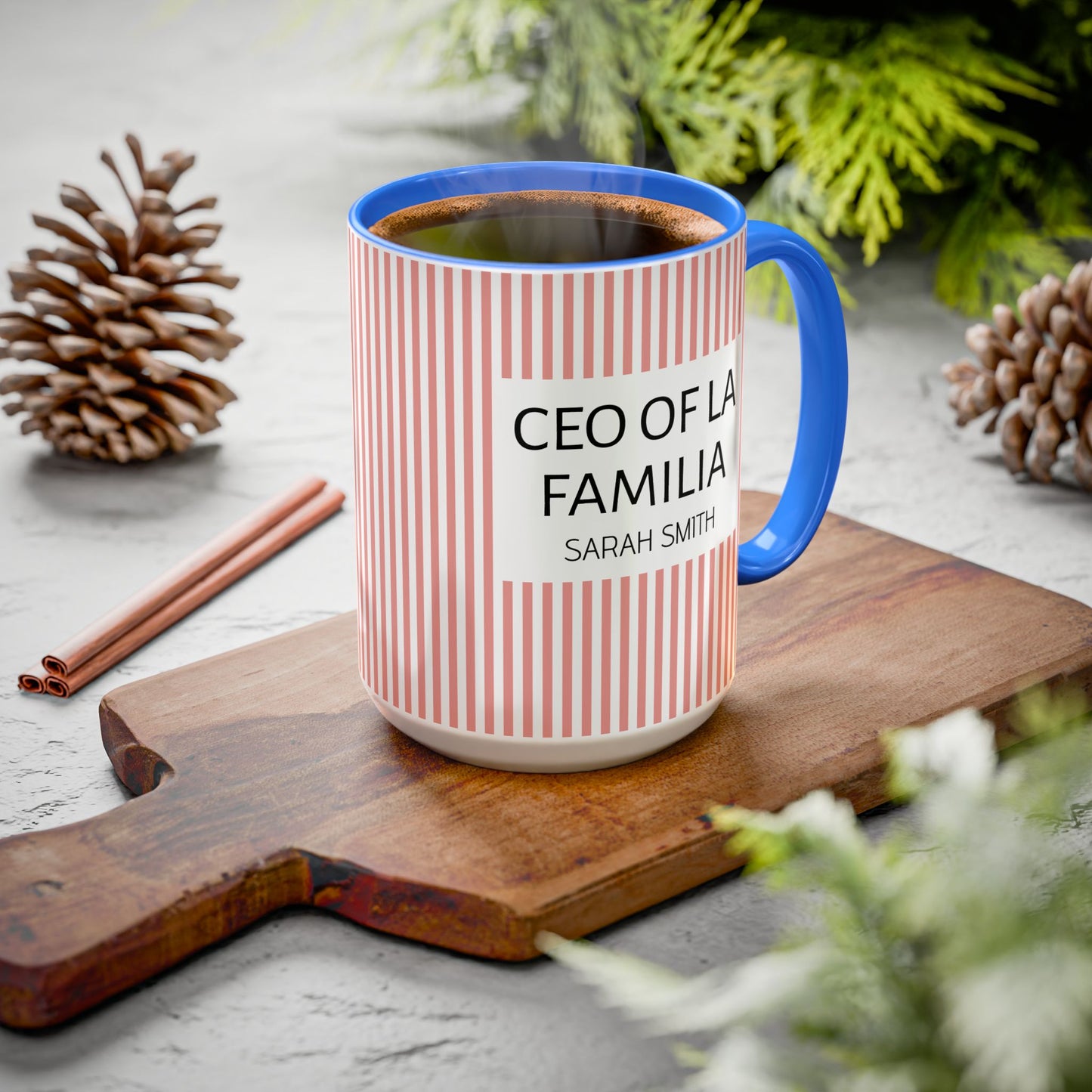 Personalized Name Pink Striped Coffee Tea Mug | Meaningful CEO of La Familia Gift for Mom, Wife, Women