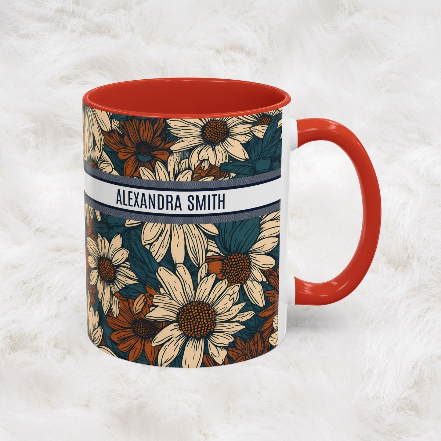 Personalized Name Text Daisy Floral Luxury Vintage Toile De Jouy French Pattern Accent Coffee Tea Mug