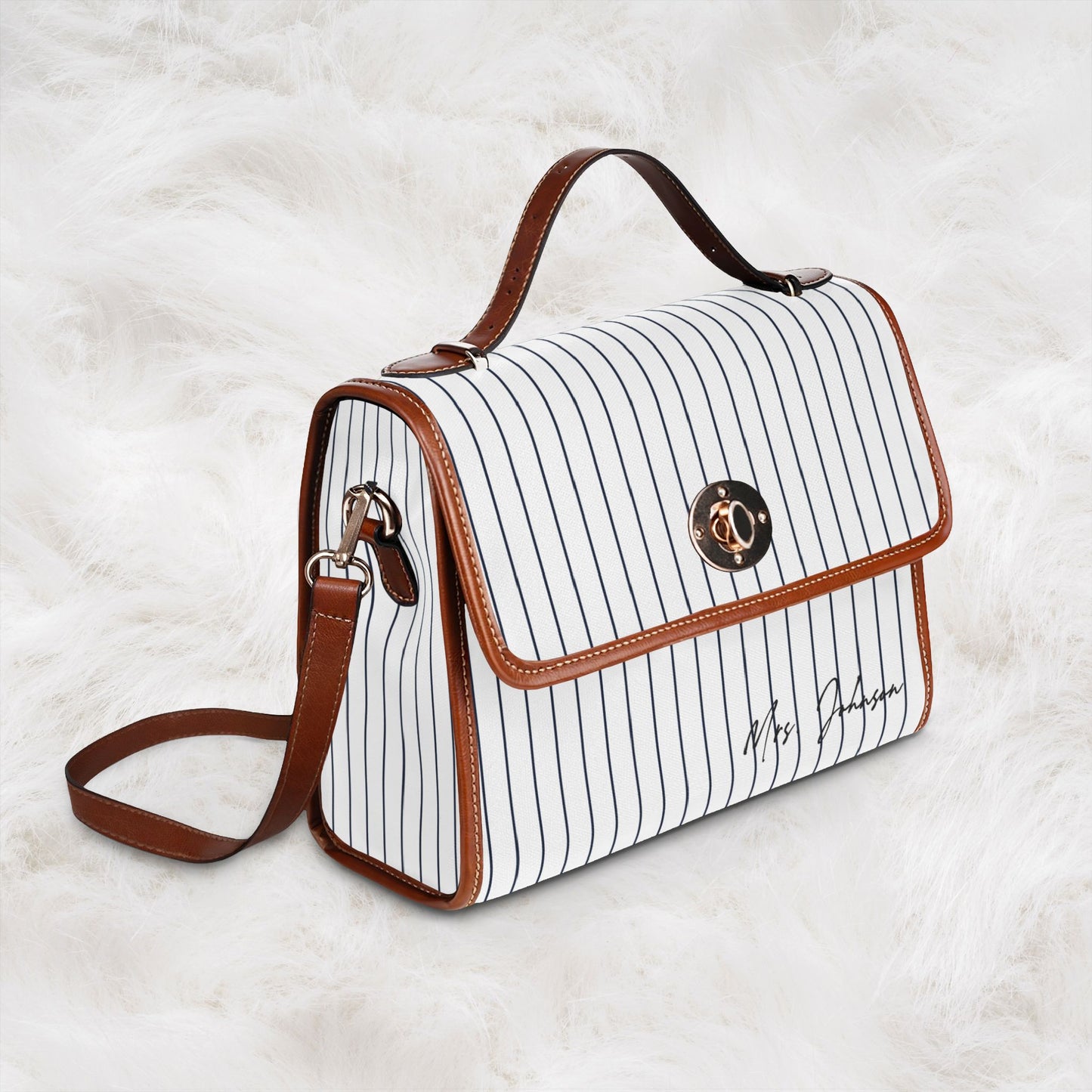 Personalized Name Waterproof Canvas Bag | Classic Navy Pinstripe Crossbody Shoulder Tote Handbag