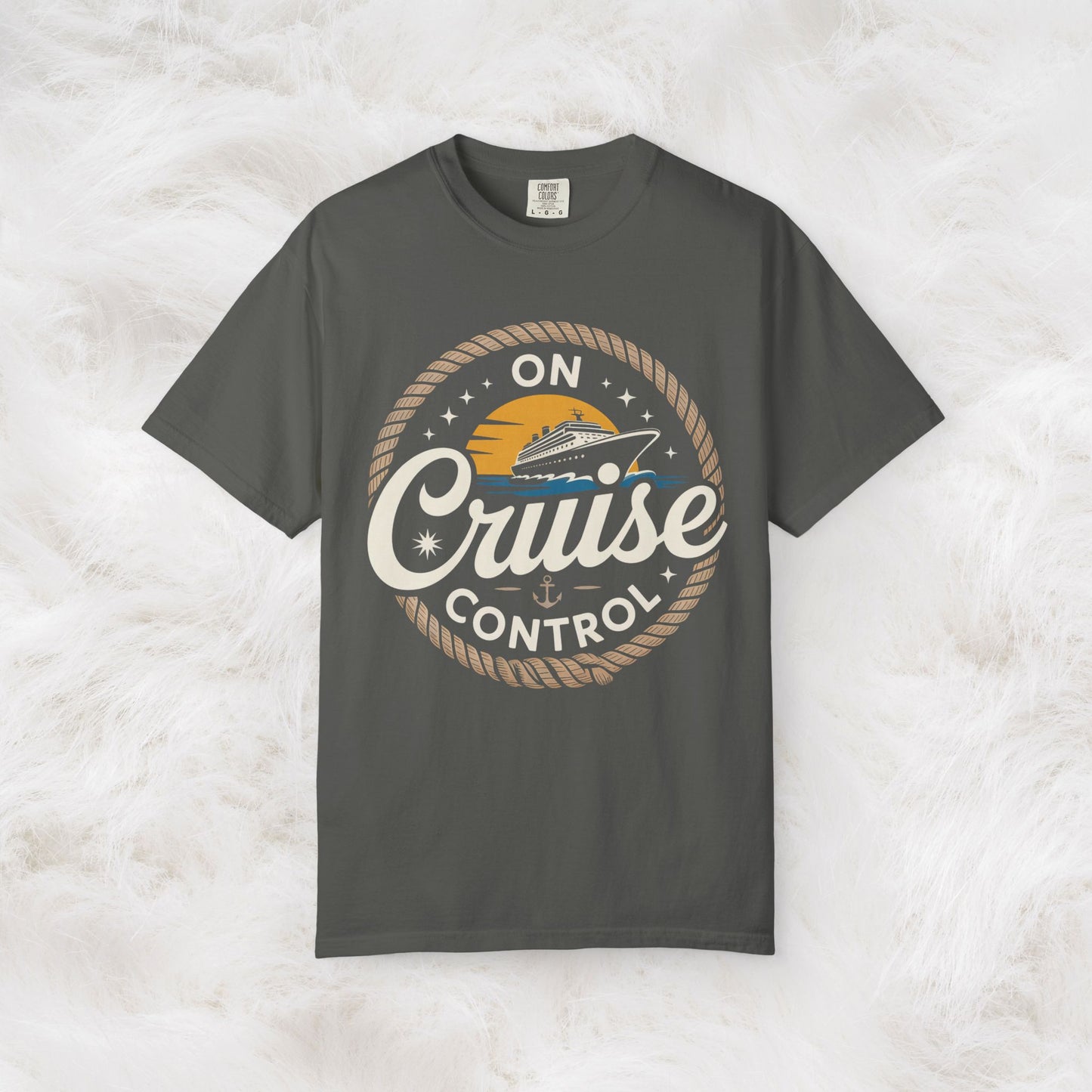 On Cruise Control T-Shirt | Nautical Rope Sunset Graphic Travel Vacation Tee