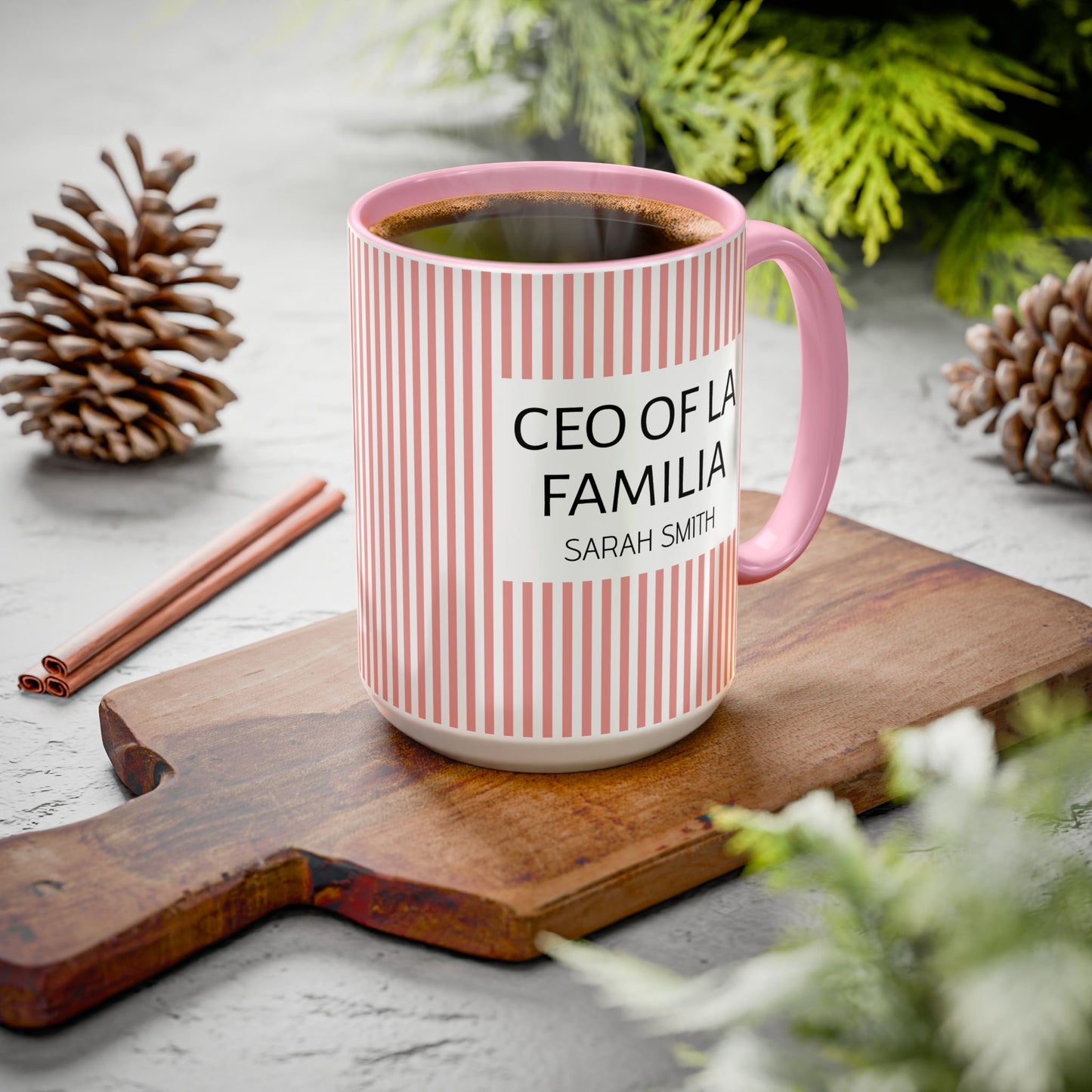 Personalized Name Pink Striped Coffee Tea Mug | Meaningful CEO of La Familia Gift for Mom, Wife, Women