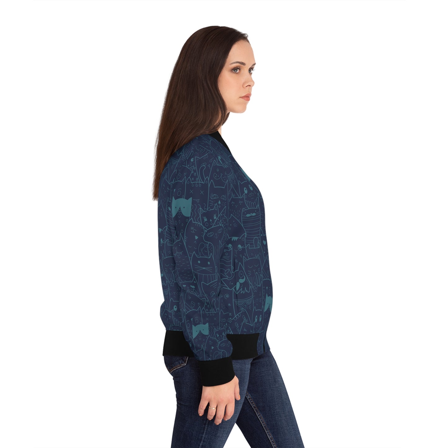 Cute Unique Blue Cat Pattern Bomber Jacket | Pet Lovers Gift Idea