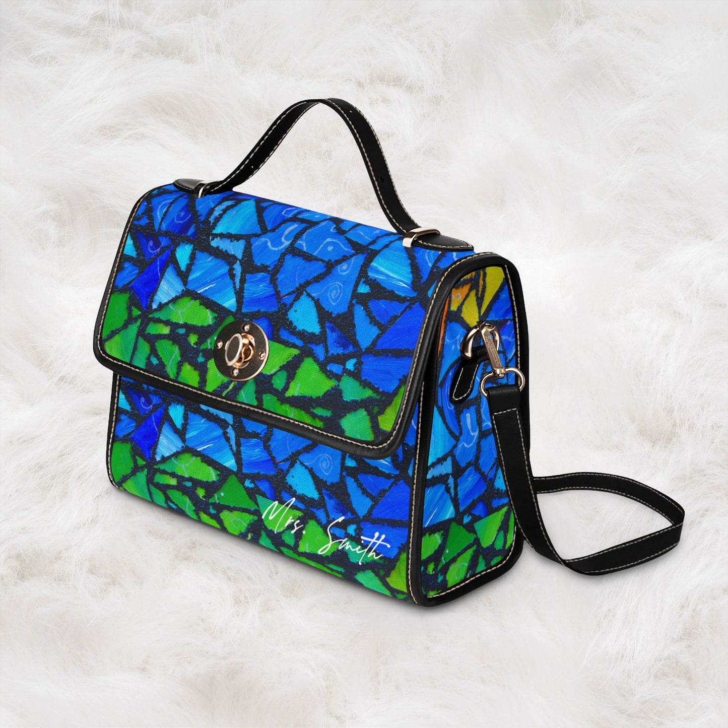 Personalized Name Waterproof Canvas Bag | Blue Green Mosaic Pattern Shoulder Tote Handbag