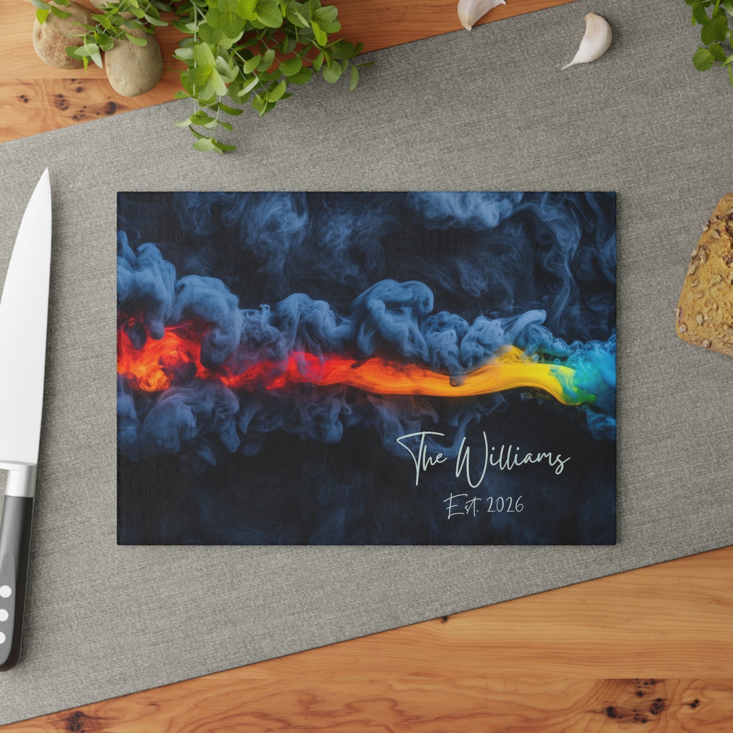 Personalized Custom Name & Established Date Rainbow Smoke Glass Cutting Board | Wedding, Anniversary, New House, Kitchen Decor Souvenir Gift