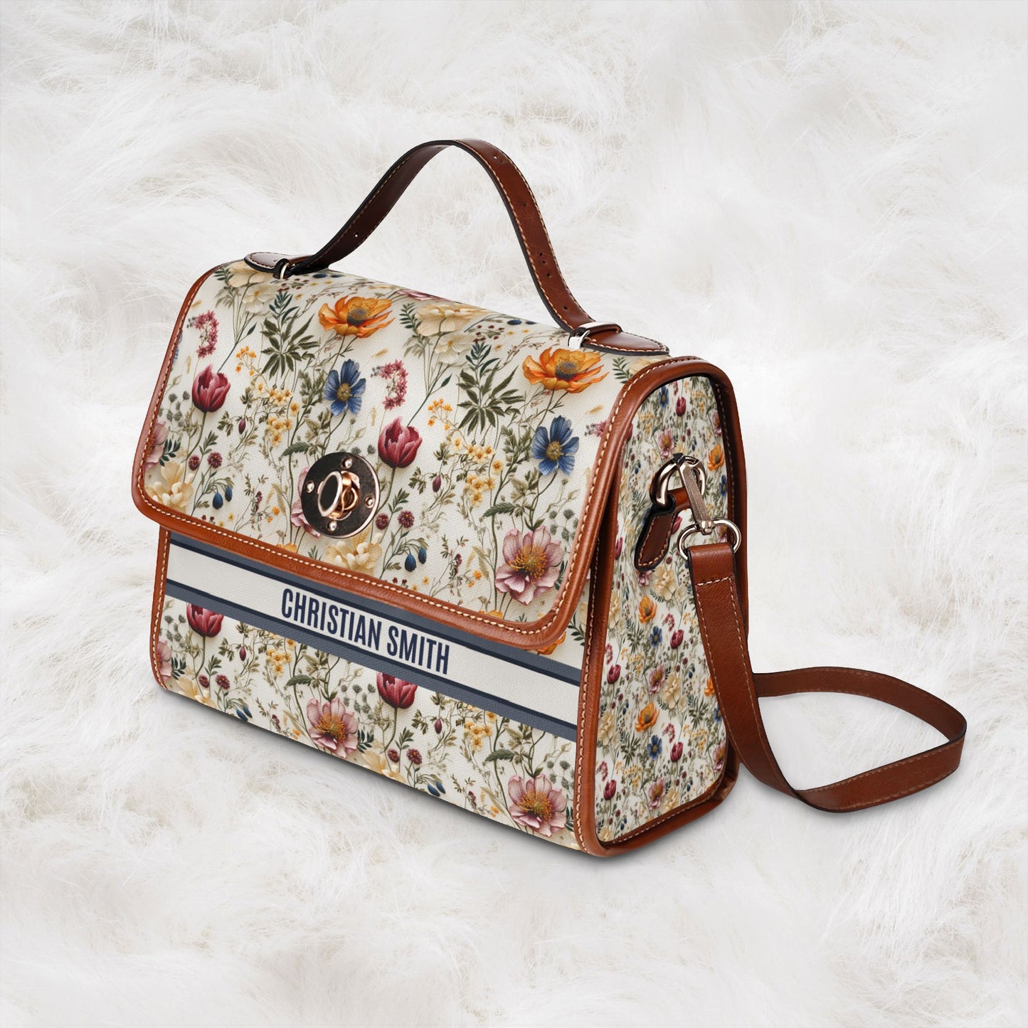 Personalized Name Waterproof Canvas Bag | Floral Flower Pattern Crossbody Shoulder Tote Handbag