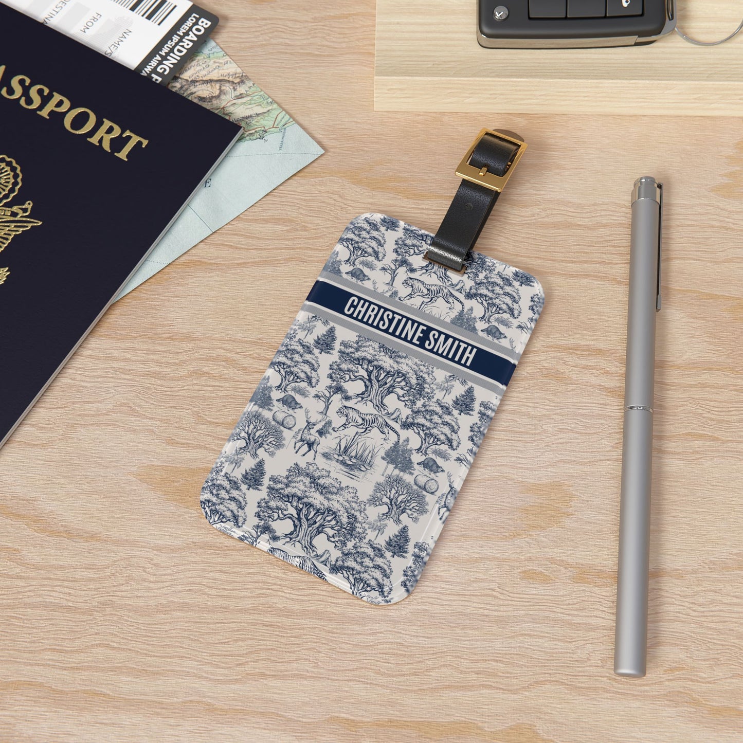Personalized Name Travel ID Toile De Jouy Seamless Nature Landscape Pattern Version 1 Luggage Tag | Vacation Birthday Christmas Gift