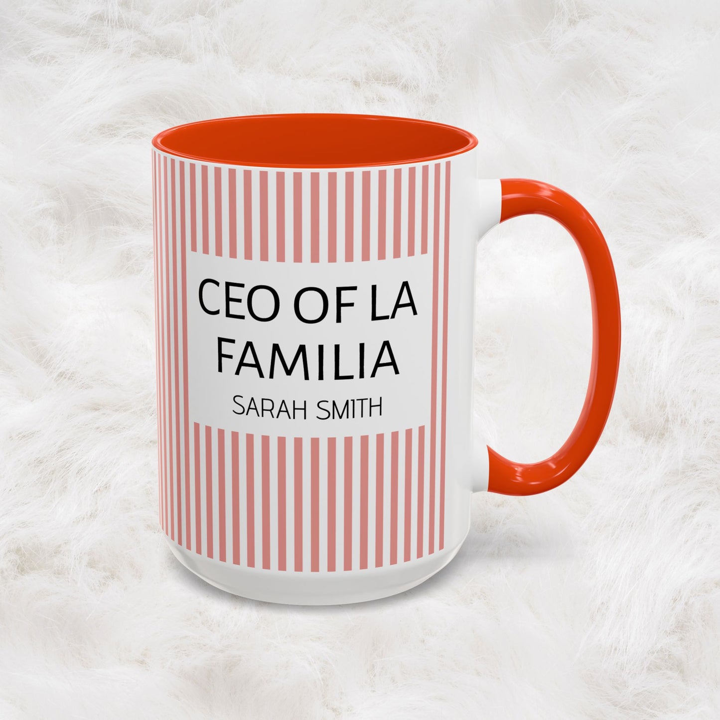 Personalized Name Pink Striped Coffee Tea Mug | Meaningful CEO of La Familia Gift for Mom, Wife, Women