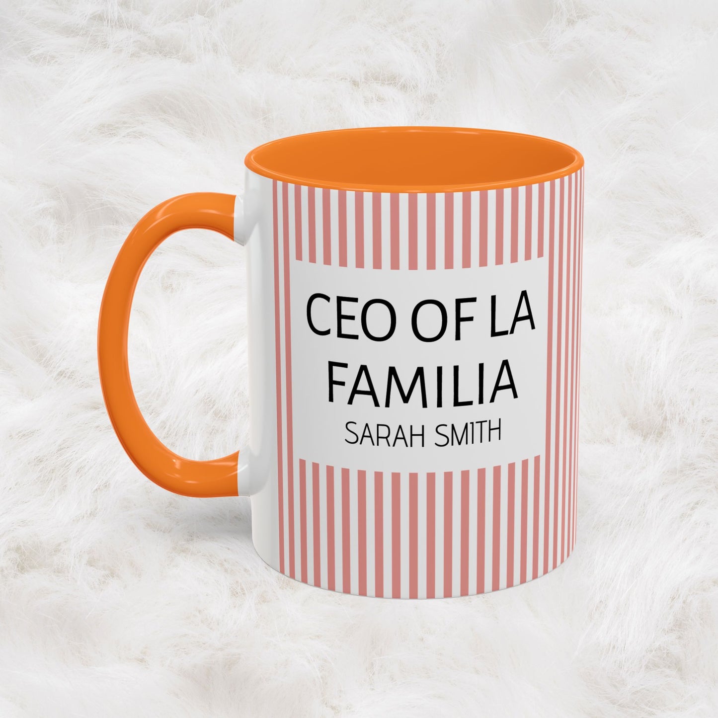 Personalized Name Pink Striped Coffee Tea Mug | Meaningful CEO of La Familia Gift for Mom, Wife, Women