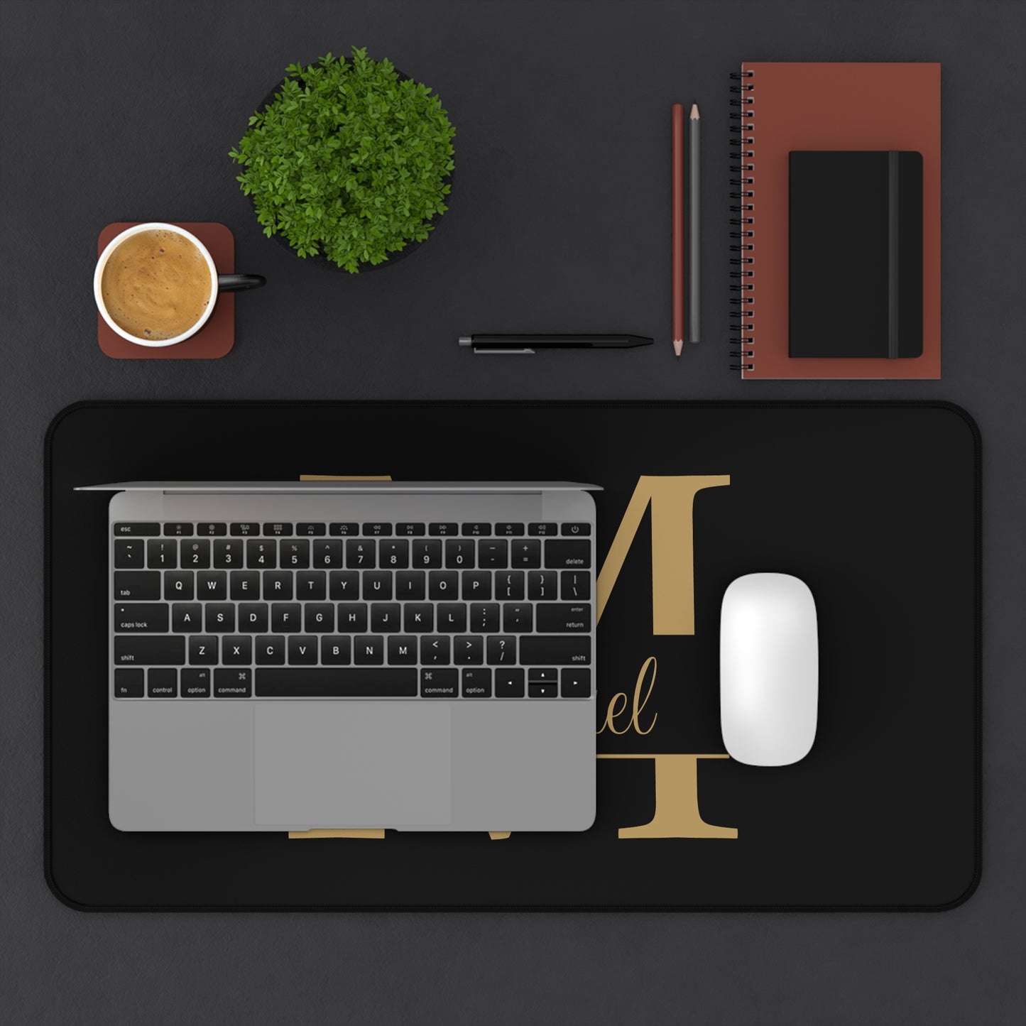 Personalized Monogram Name Black Gold Theme Desk Mat