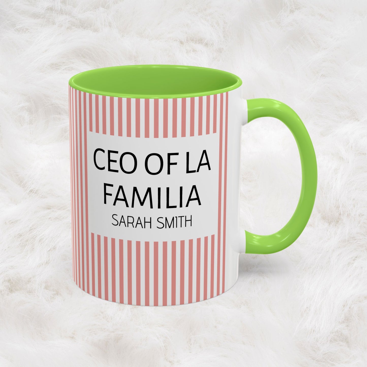 Personalized Name Pink Striped Coffee Tea Mug | Meaningful CEO of La Familia Gift for Mom, Wife, Women
